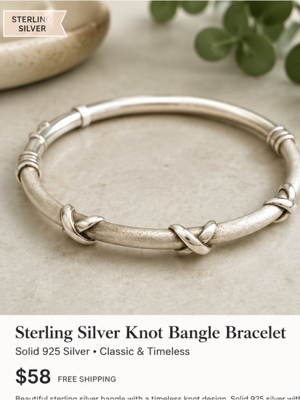 925 Sterling Silver Textured Knot Accent Hinged Bangle Bracelet - Picture 2 of 6
